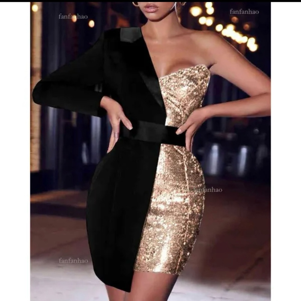 Elegant Black and Gold One-Shoulder Dress